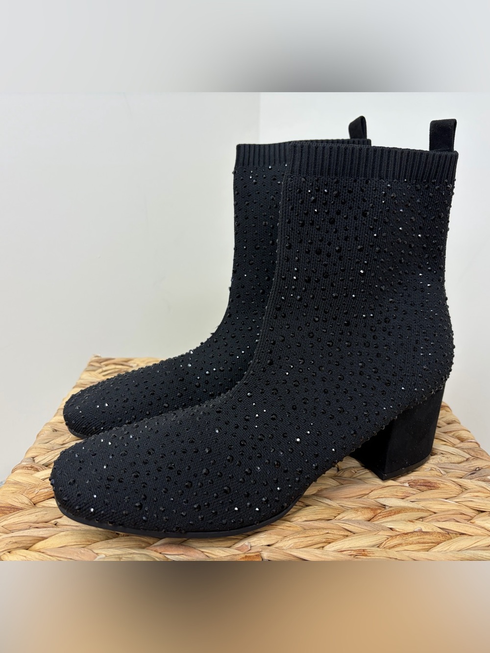 Kenneth Cole Black Crystal-Studded Knit Sock Ankle Booties